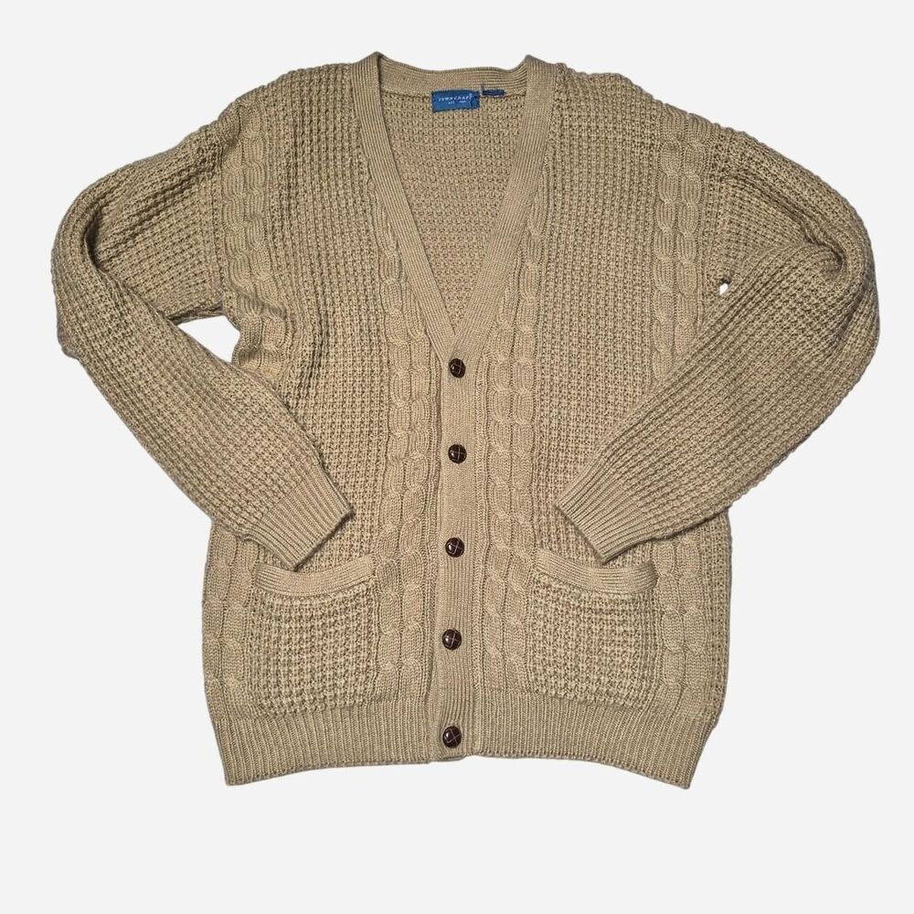 Vintage Towncraft Tan Cable Knit Grandpa Cardigan Sweater L/XL